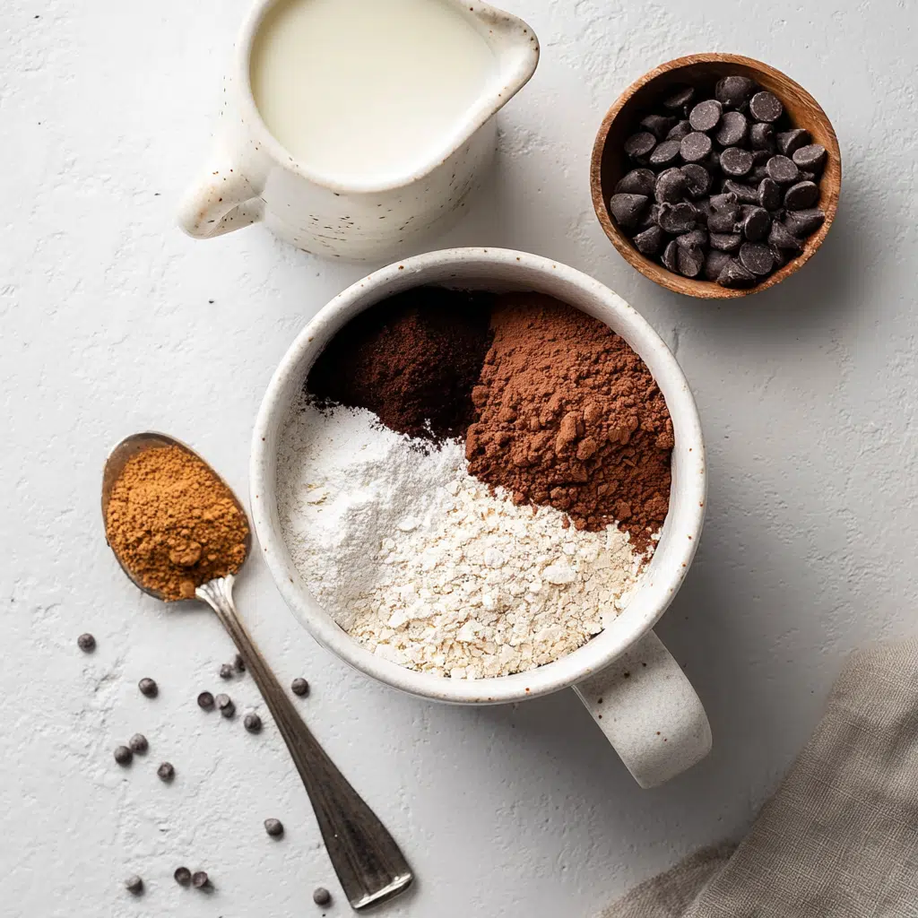  Ingredients for protein mug cake including oat flour, protein powder, cocoa, and chocolate chips in a white mug