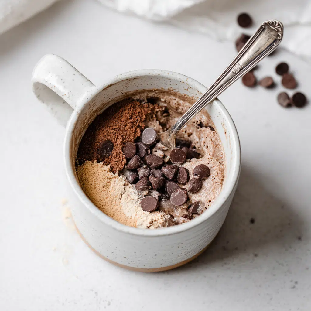 Protein mug cake ingredients being mixed in a white ceramic mug with chocolate chips and almond milk