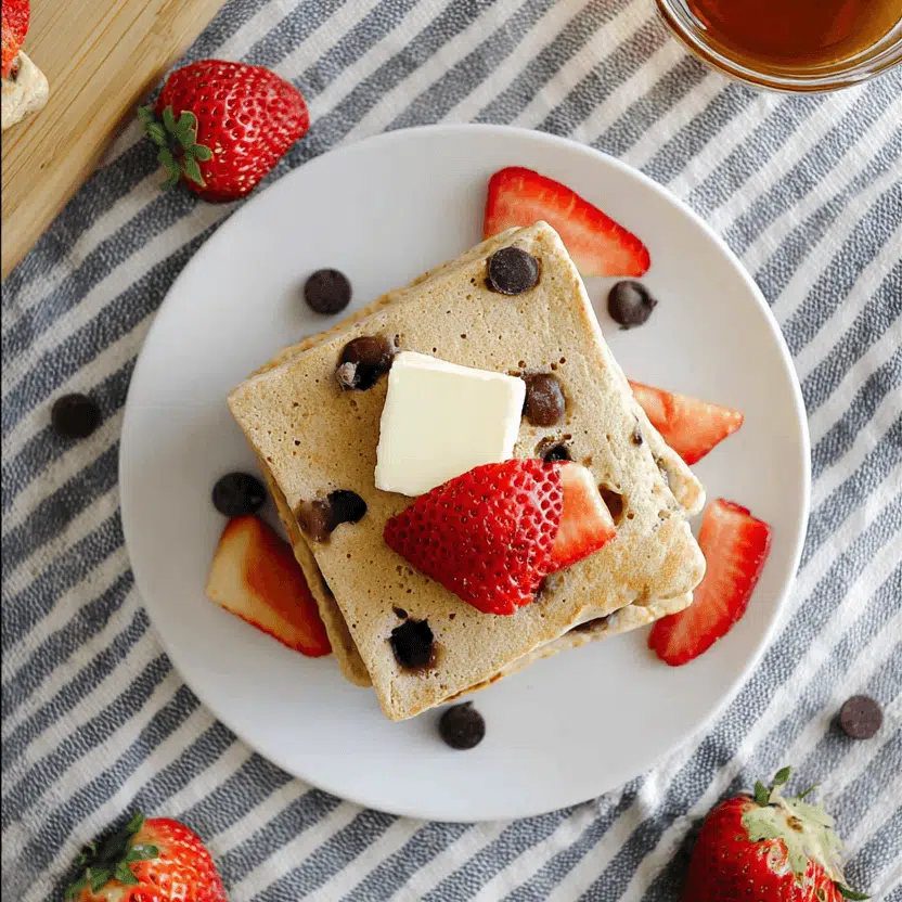Overhead view of protein pancake squares with butter and strawberries