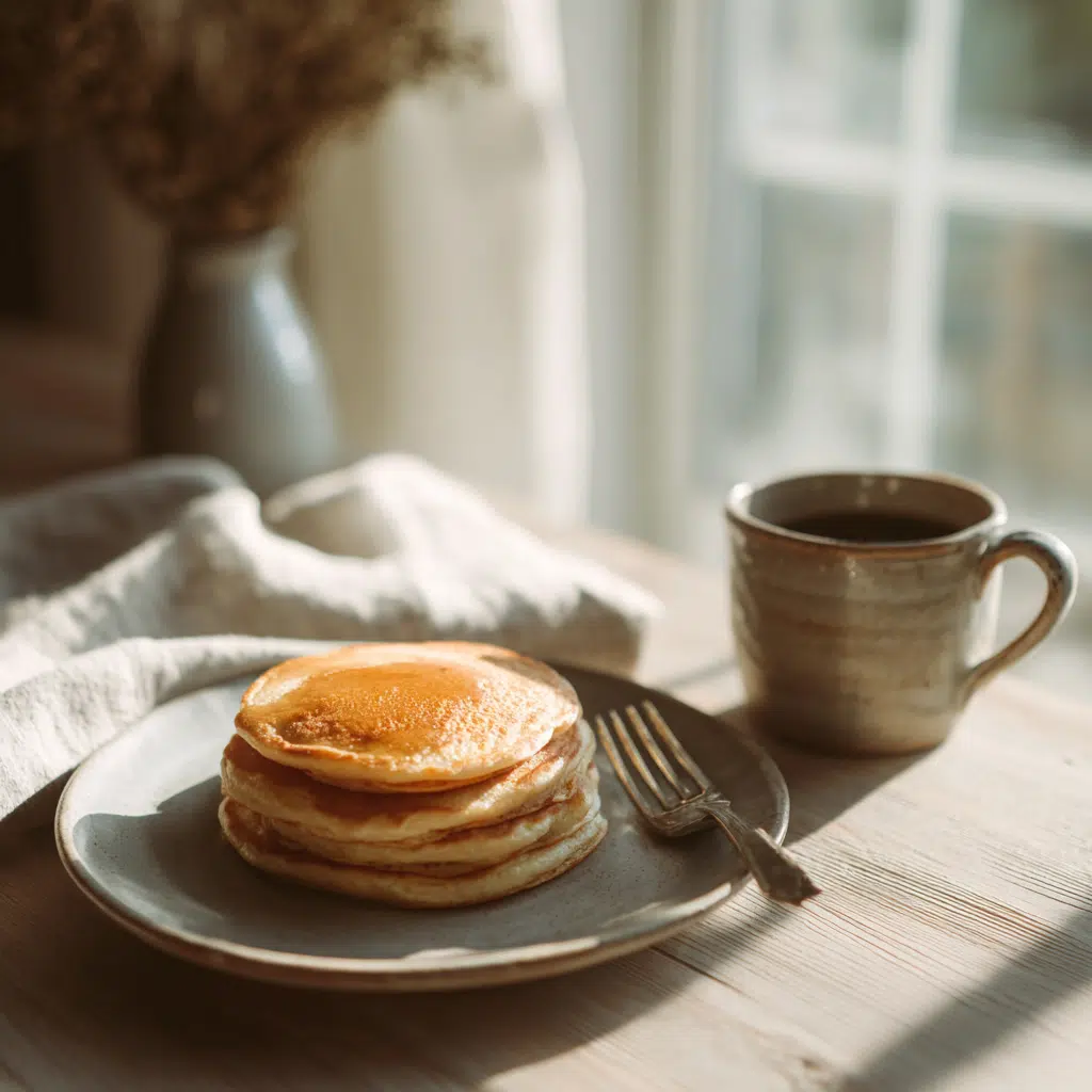 final plated protein pancake mix breakfast with coffee
