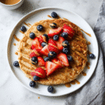 rotein pancake topped with peanut butter, blueberries, and strawberries