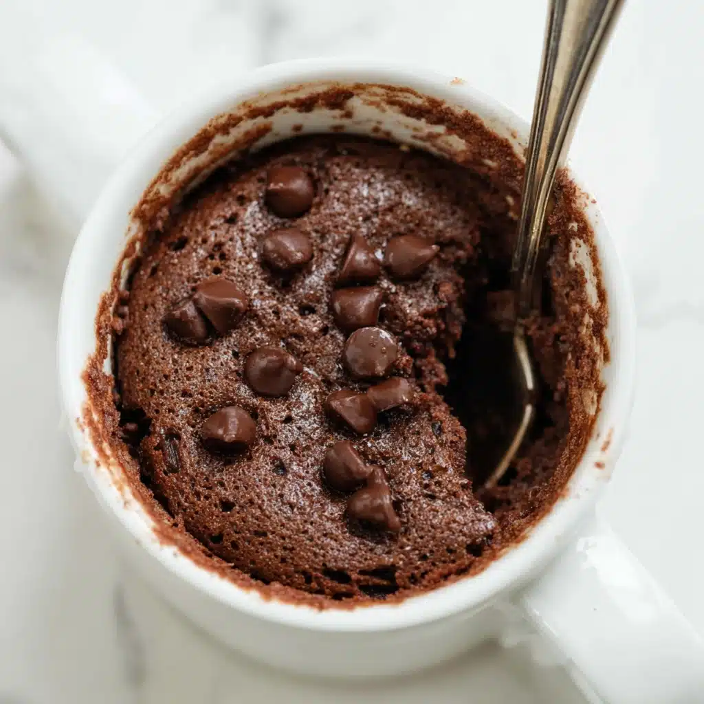 Protein powder mug cake with chocolate chips in a white mug