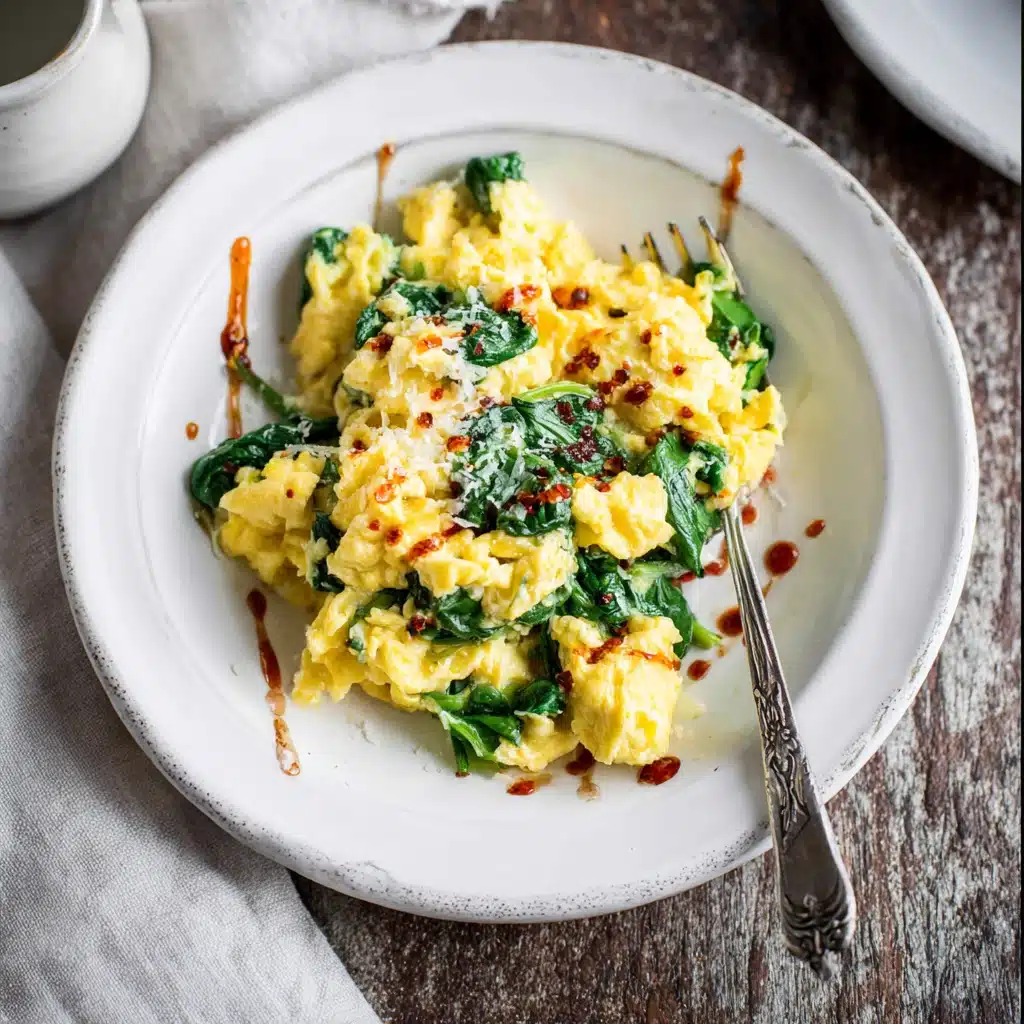 Scrambled eggs with spinach in a white bowl with avocado and hot sauce