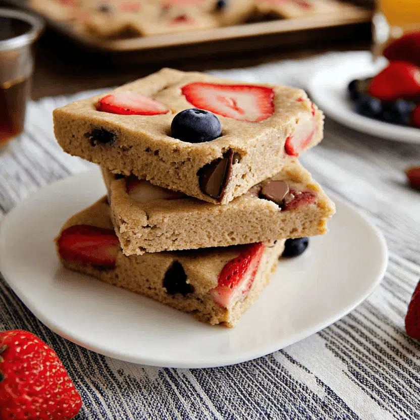 Stacked Kodiak-style pancake bars with strawberries and blueberries on a plate
