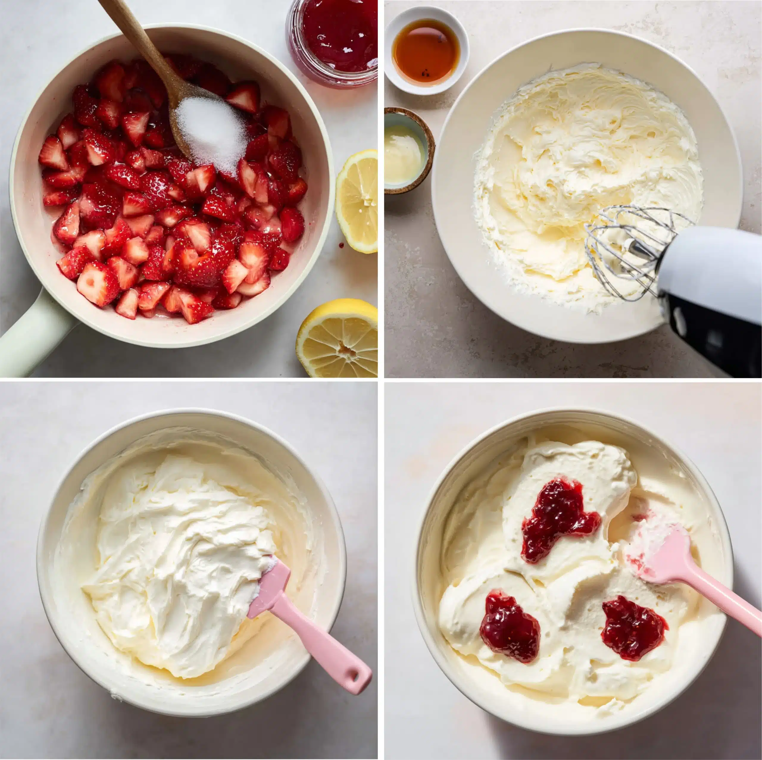 Step-by-step collage for making no-churn strawberry shortcake ice cream