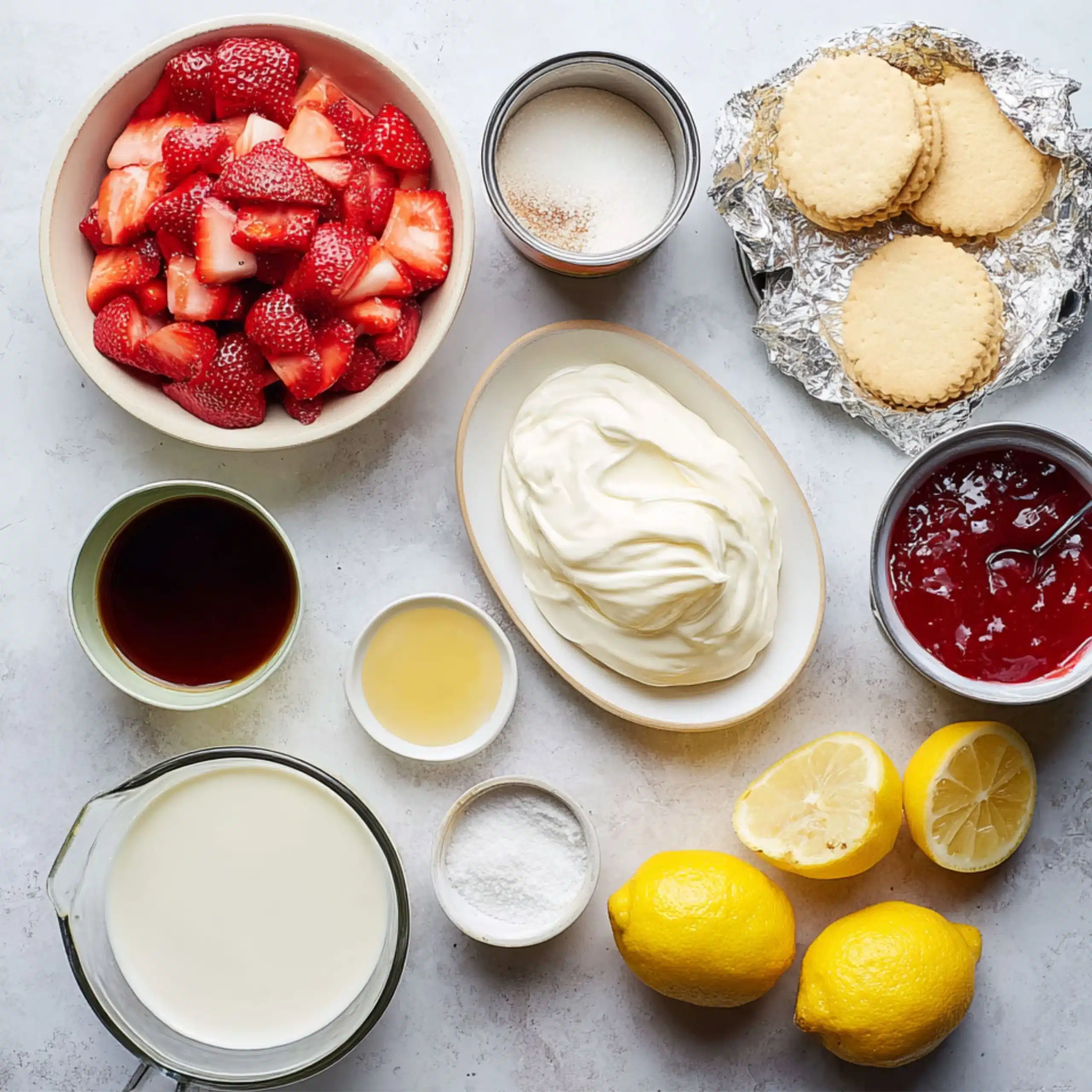 Ingredients for no-churn strawberry shortcake ice cream laid out on a white surface, including fresh strawberries, condensed milk, cream cheese, and cookies