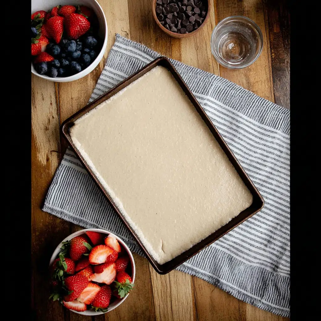 Top-down view of unbaked Kodiak pancake batter in a sheet pan with berries and eggs nearby