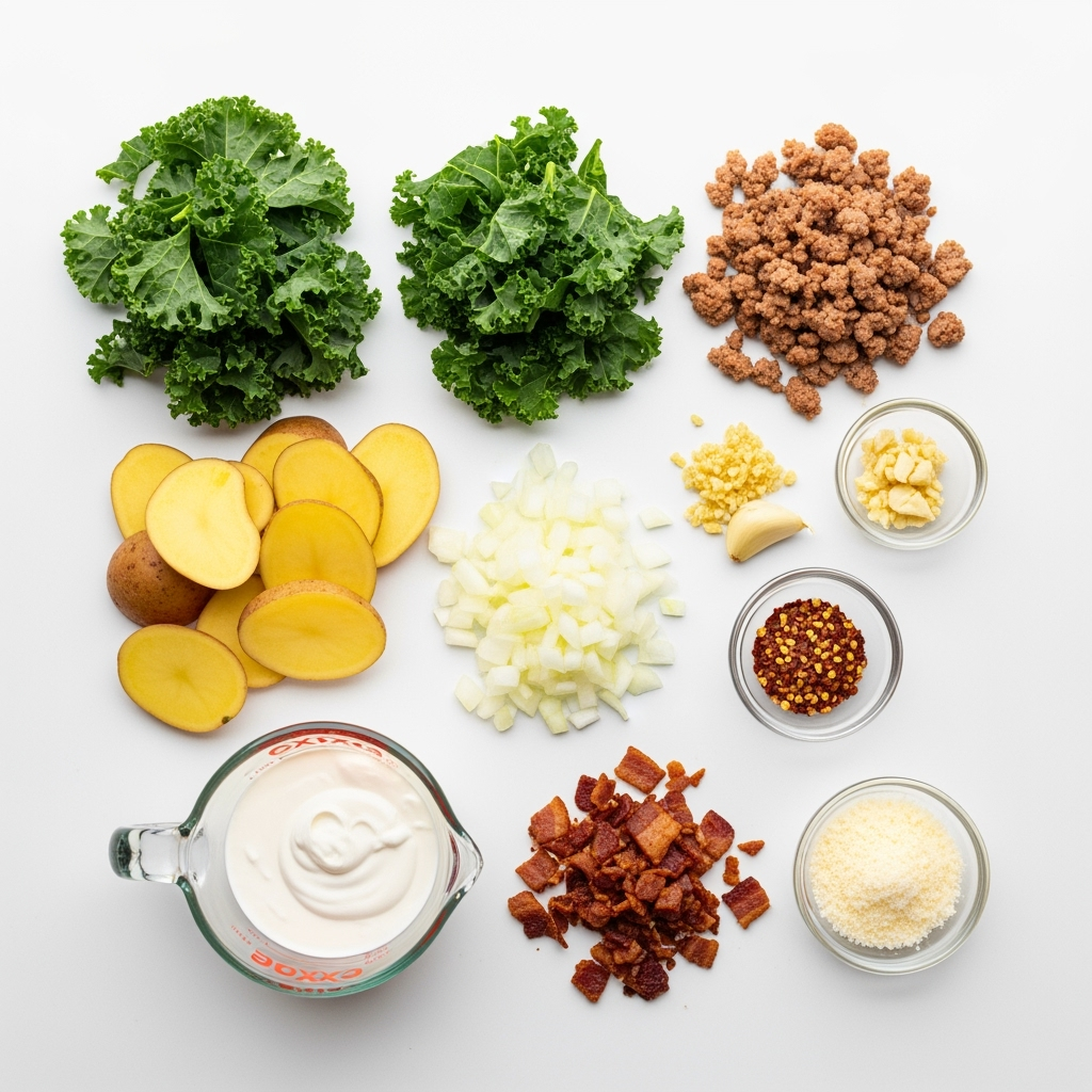 Easy Olive Garden Zuppa Toscana Soup ingredients neatly arranged on white background