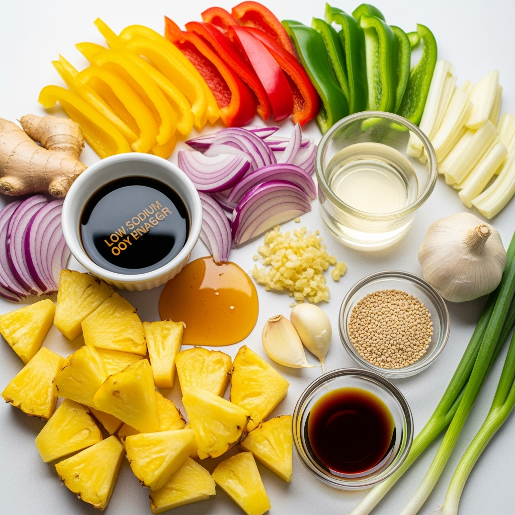 pineapple-bell-pepper-onion-ginger-garlic Fresh pineapple salad with bell peppers, ginger, garlic, soy sauce drizzle