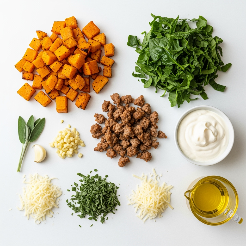 butternut-squash-spinach-sausage-parmesan Cubed roasted butternut squash recipe with spinach and Italian sausage.