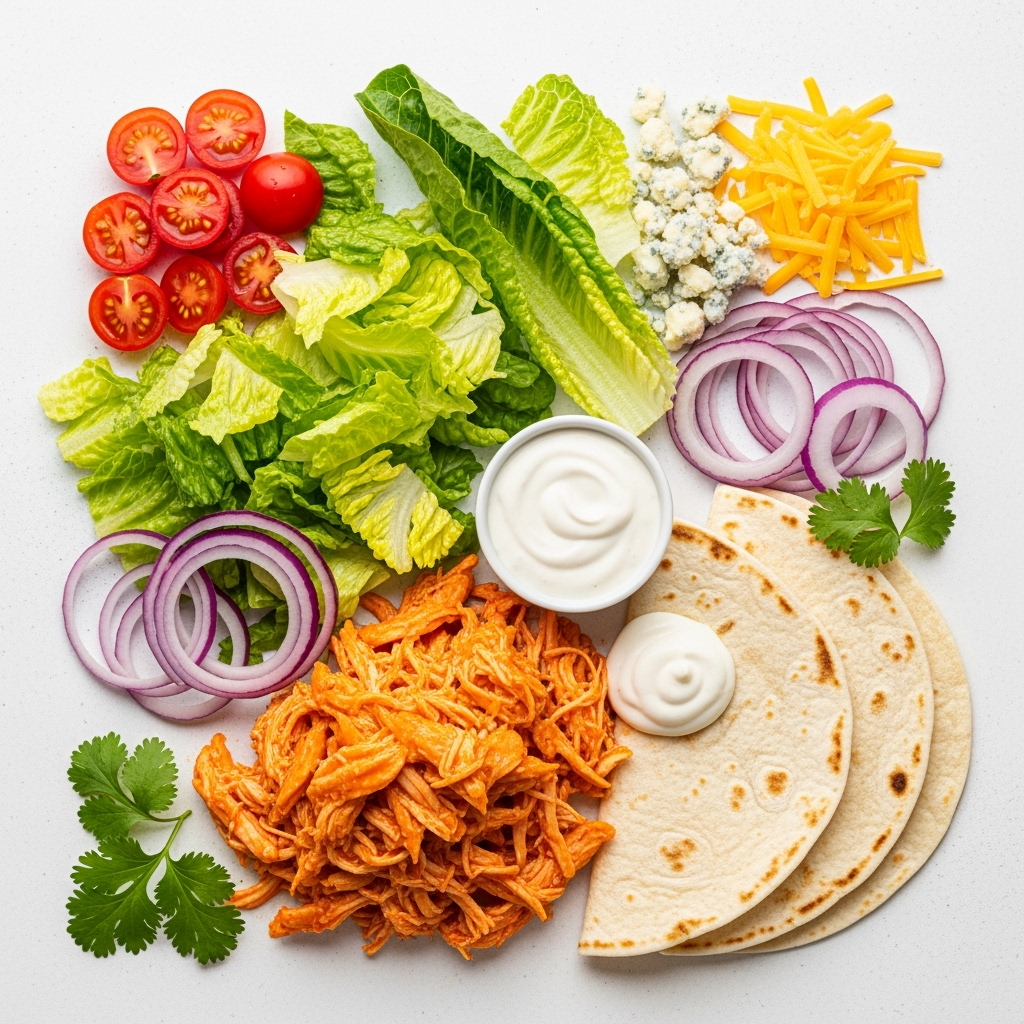 buffalo-chicken-tacos Shredded buffalo chicken wrap with fresh veggies and creamy ranch dressing