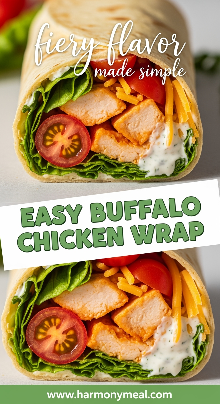 Easy Buffalo Chicken Wrap with spicy sauce, fresh veggies, and cheddar cheese.