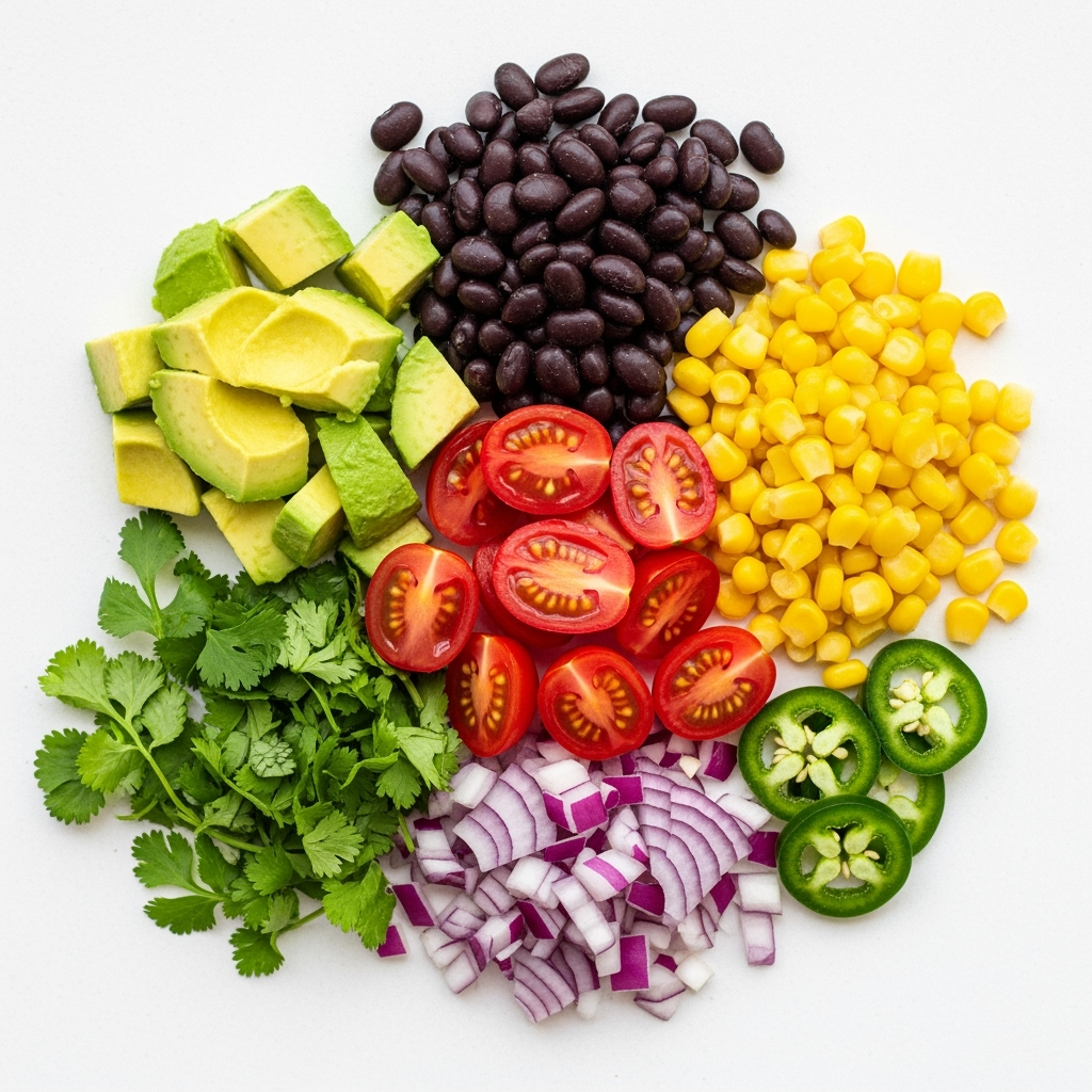 avocado-beans-corn-tomato-onion-jalapeno Fresh diced avocado salad with black beans, corn, tomatoes, and cilantro
