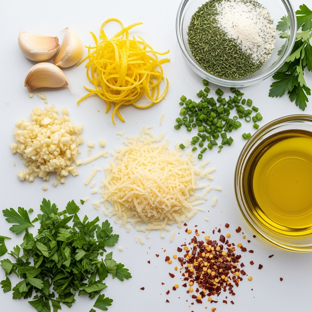 fresh-minced-garlic-lemon-parmesan-parsley Fresh minced garlic, lemon zest, parsley, parmesan, ranch mix, olive oil.