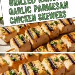Grilled Ranch Garlic Parmesan Chicken Skewers plated with fresh parsley