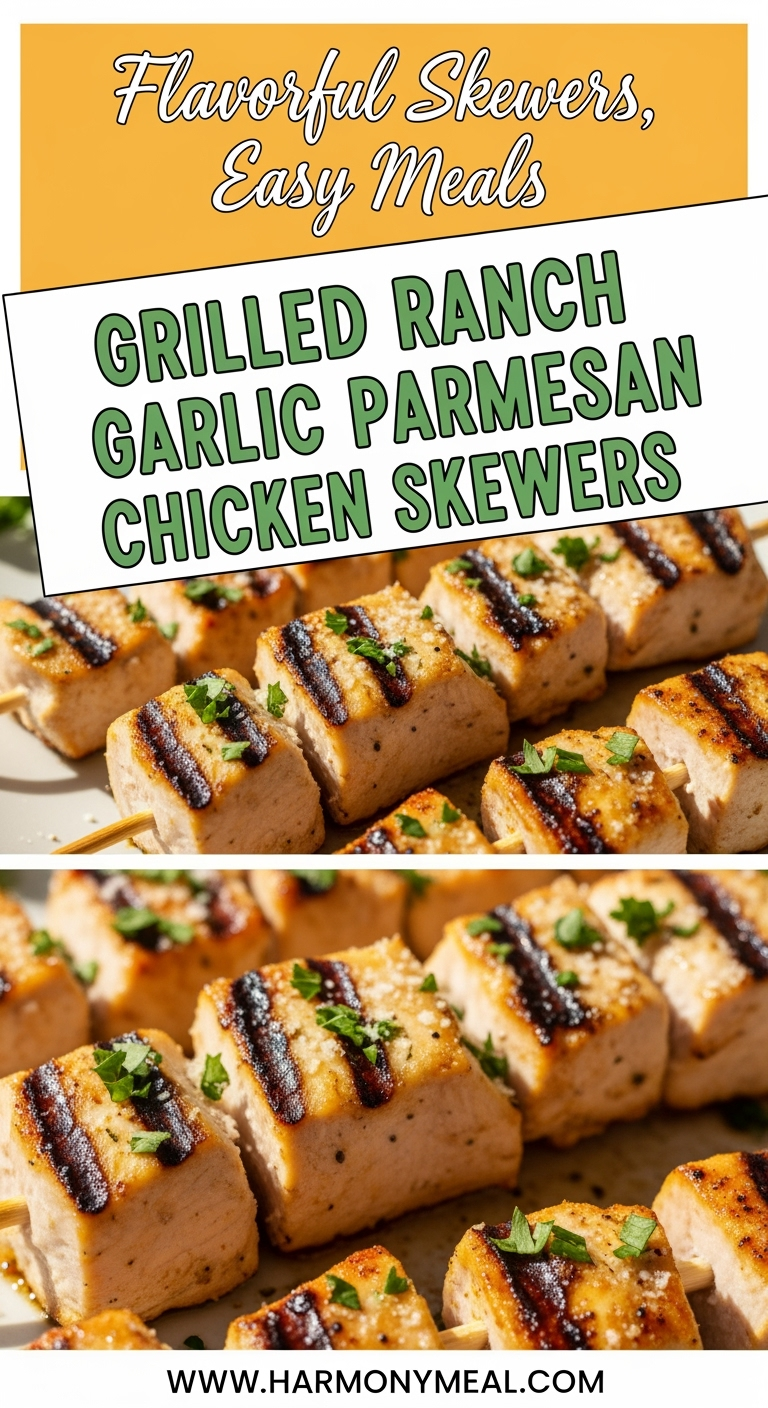 Grilled Ranch Garlic Parmesan Chicken Skewers plated with fresh parsley