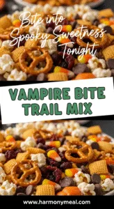 Vampire Bite Trail Mix close-up with popcorn pretzels candy corn chocolate