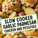 Slow cooker garlic parmesan chicken and potatoes with creamy sauce.