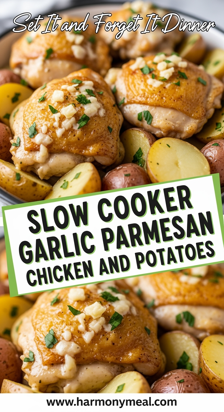 Slow cooker garlic parmesan chicken and potatoes with creamy sauce.