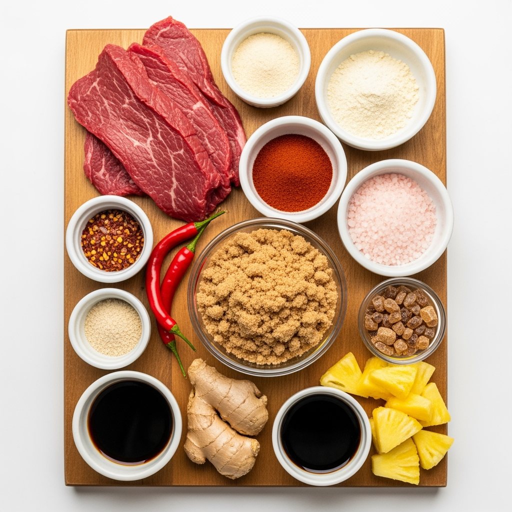 beef-jerky-ingredients-fresh-teriyaki-closeup Close-up fresh ingredients for homemade beef jerky recipe wooden board