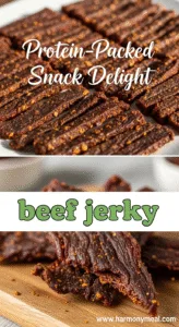 Beef jerky thin slices savory protein snack vibrant natural lighting