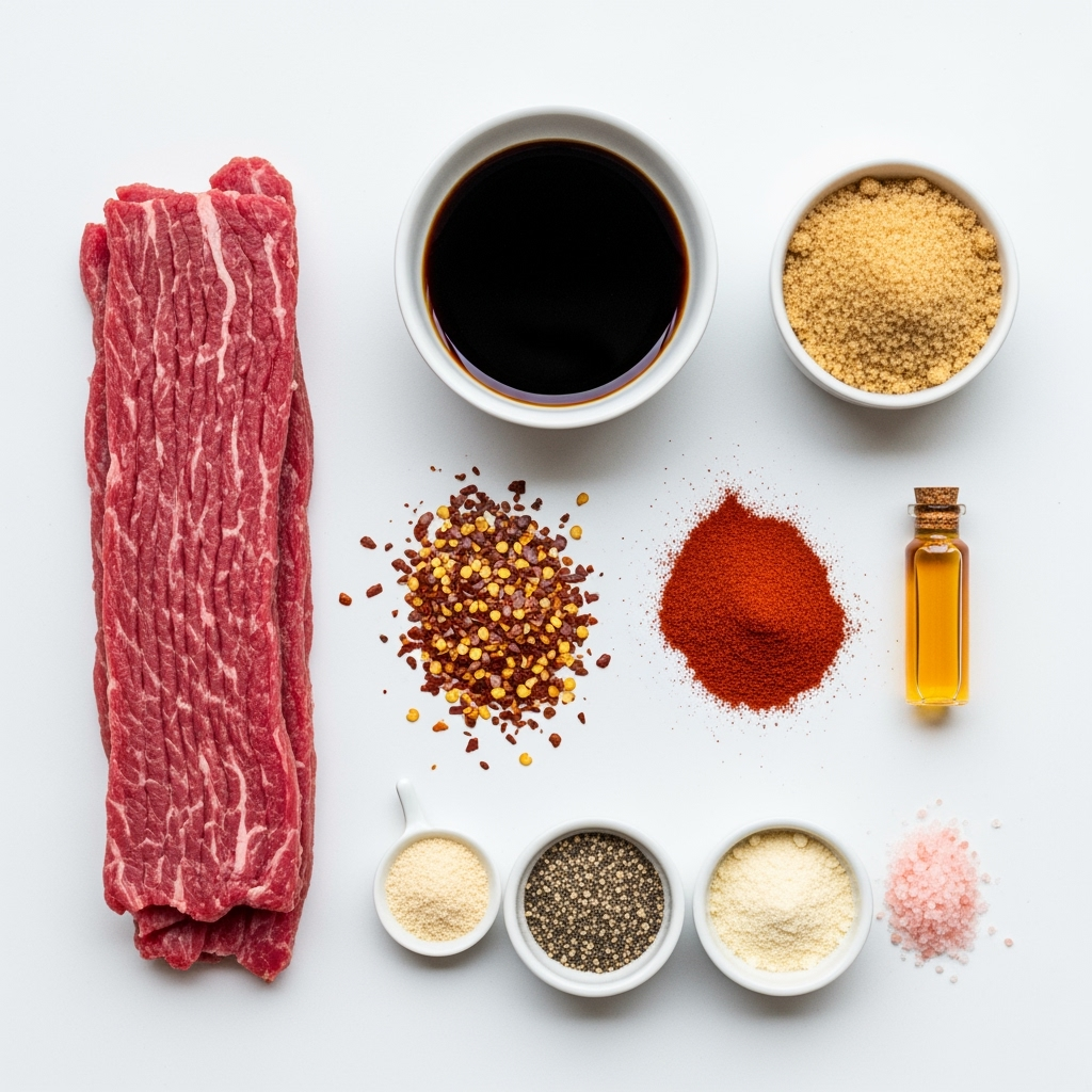 beefcake-jerky-ingredients-fresh-iphone16pro Beefcake jerky ingredients neatly arranged on white background natural lighting