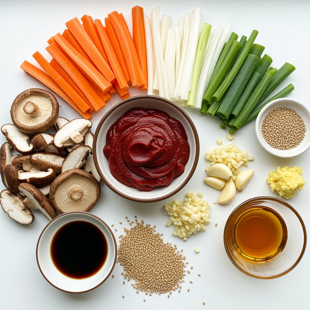 gochujang-shiitake-carrot-garlic-ginger-sesame Fresh vibrant gochujang paste with shiitake mushrooms and fresh vegetables