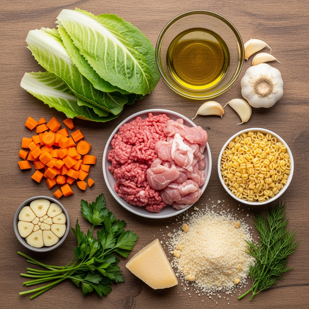 Italian Wedding Soup with meatballs, spinach, carrots, celery, and pasta