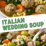 Italian Wedding Soup with meatballs, spinach, pasta, carrots, golden broth