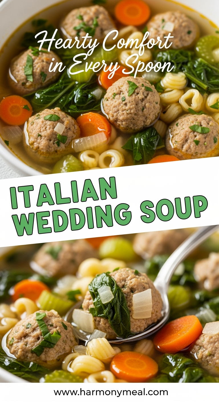 Italian Wedding Soup with meatballs, spinach, pasta, carrots, golden broth