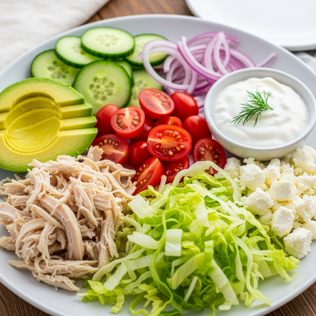 healthy-chicken-avocado-wrap-plate Healthy chicken wrap recipe with avocado, tomatoes, cucumber, and feta