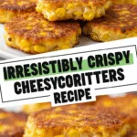 Irresistibly Crispy Cheesy Corn Fritters Recipe That Will Wow Your Tastebuds 2 Crispy cheesy corn fritters stacked on rustic plate, melty cheddar close-up