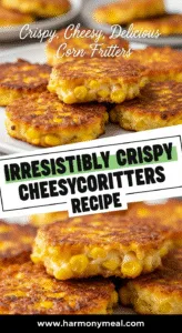 Crispy cheesy corn fritters stacked on rustic plate, melty cheddar close-up