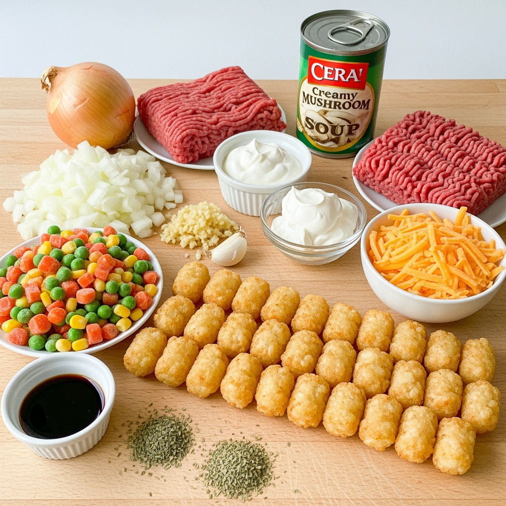 vibrant-tater-tot-casserole-ingredients-closeup Hearty tater tot casserole ingredients fresh diced onion and cheese
