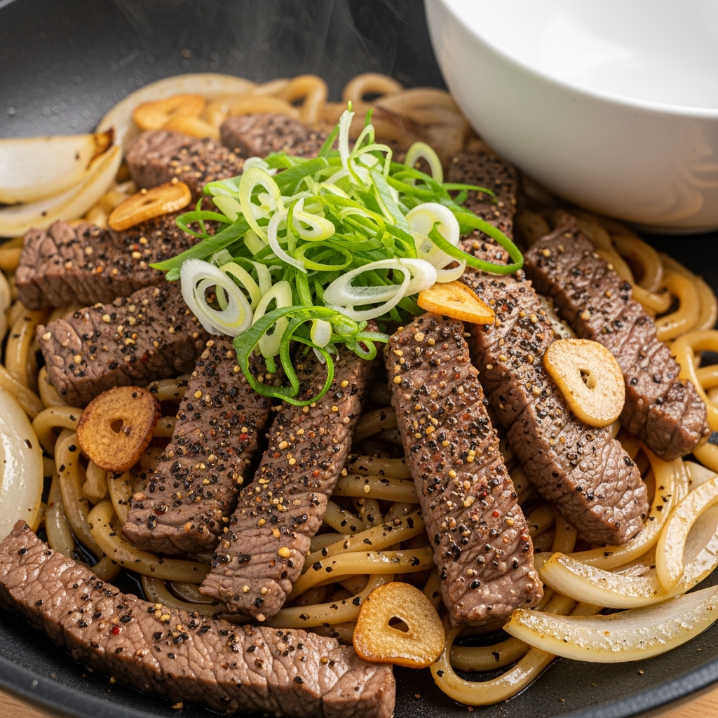 beef-udon-noodles-onion-garlic-scallions Fresh beef strips stir-fried with udon noodles and black pepper flakes