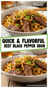 Quick and flavorful beef black pepper udon with vibrant natural lighting.