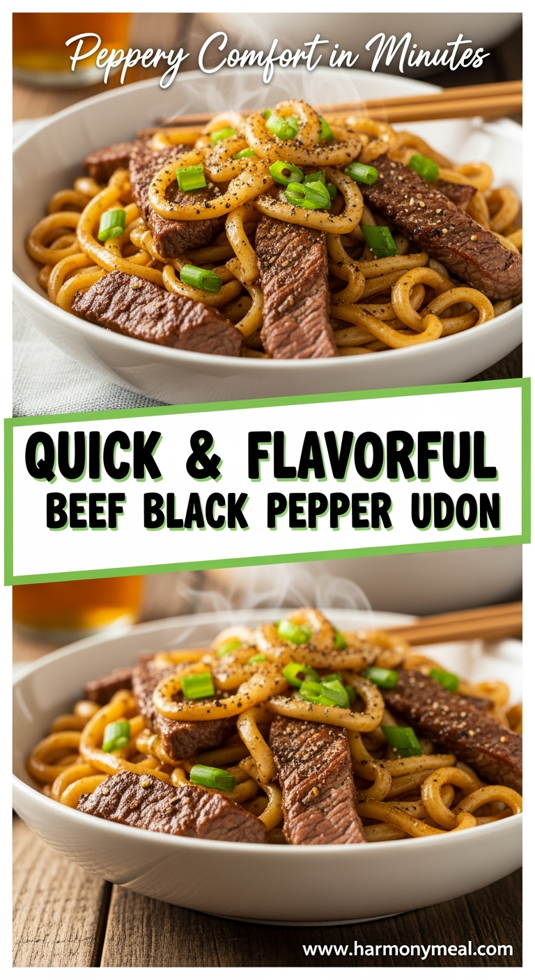 Quick and flavorful beef black pepper udon with vibrant natural lighting.