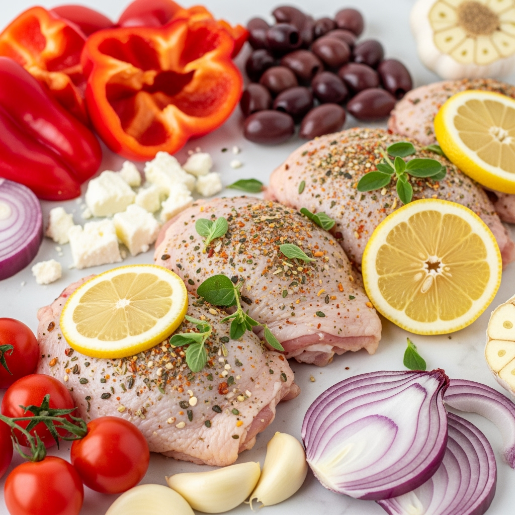 chicken-thighs-lemon-oregano-mediterranean Raw bone-in chicken thighs with lemon and Greek seasoning recipe