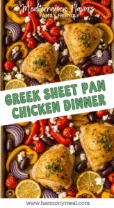 Golden crispy Greek chicken thighs roasted with colorful Mediterranean vegetables