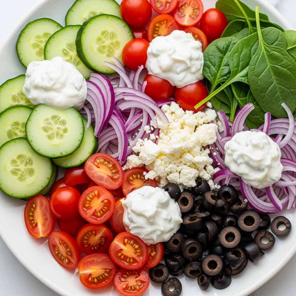 mediterranean-chicken-wrap-fresh-ingredients Mediterranean Chicken Wraps close-up with cucumber, tomatoes, feta, olives, tzatziki
