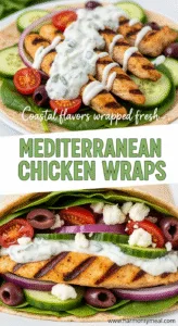 Mediterranean chicken wraps with fresh veggies and creamy tzatziki sauce