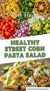 Healthy Street Corn Pasta Salad with avocado, cotija, and creamy dressing