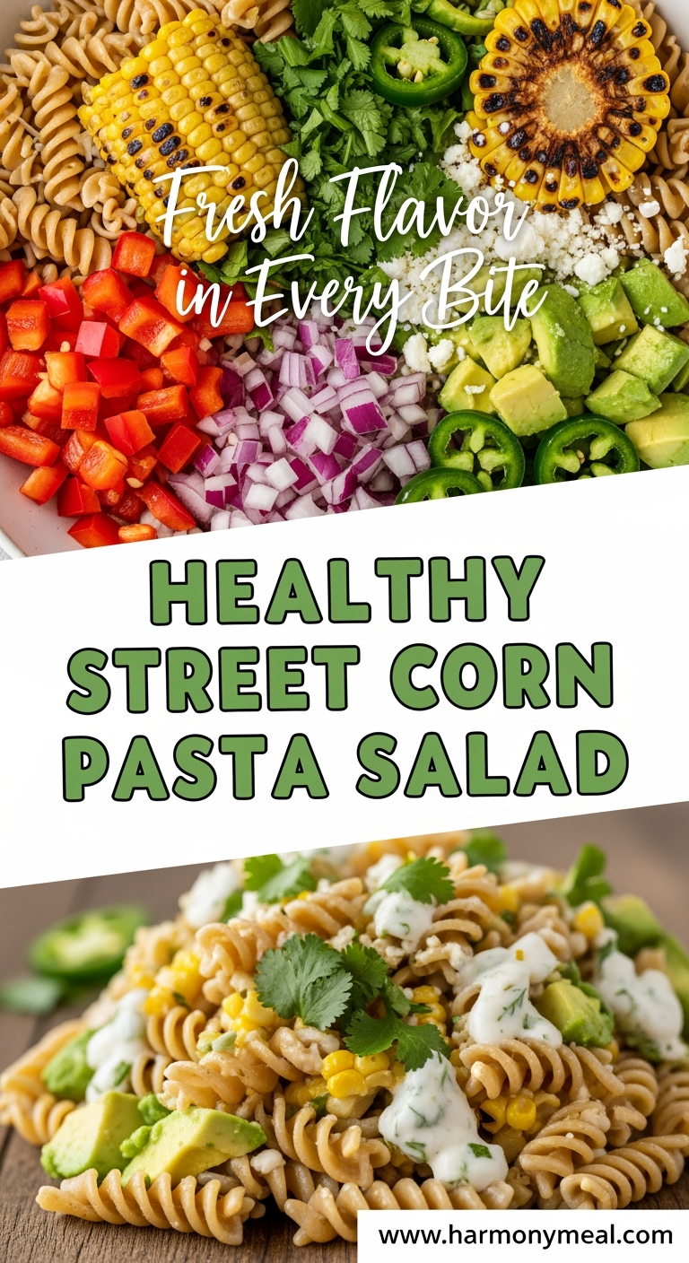 Healthy Street Corn Pasta Salad with avocado, cotija, and creamy dressing