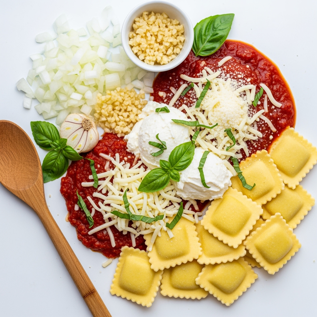 fresh-diced-onion-minced-garlic-ravioli Fresh cheese ravioli with marinara, ricotta, basil, and shredded mozzarella