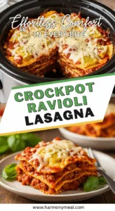 Slow cooker Crockpot Ravioli Lasagna with melted cheese and marinara sauce