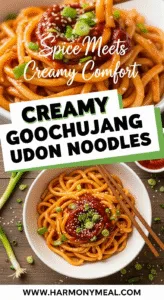 Creamy gochujang udon noodles with sesame seeds and green onions