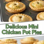 Golden mini chicken pot pies with creamy filling, flaky crusts, vibrant lighting