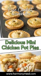 Golden mini chicken pot pies with creamy filling, flaky crusts, vibrant lighting