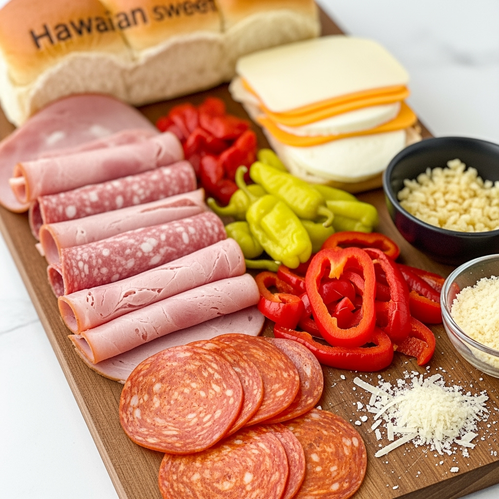 italian-grinder-sliders-ingredients-closeup Family-Friendly Italian Grinder Sliders ingredients close-up with fresh meats and cheese