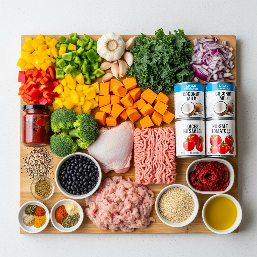 fresh-chicken-vegetables-coconut-quinoa Fresh healthy chicken and turkey quinoa bowl ingredients vibrant colors